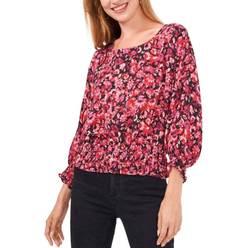 Vince Camuto Womens Pink Floral Split Neck Tie Blouse Long Sleeve Top Small